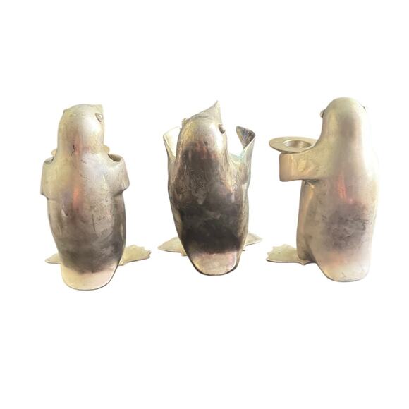 Set Of 3 Restoration Hardware Metal Silver Tone Penguin Candle Holder Figurines - Picture 2 of 6